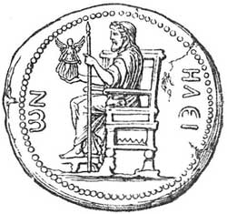 Zeus by Phidias, sitting on the throne (coin from Elis).
